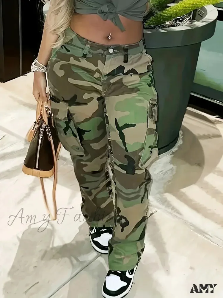 Amy Fashion - Camo Print Side Flap Pocket Cargo Loose Fit Stretchy Y2K Kpop Denim Women's Denim & Clothing Jean