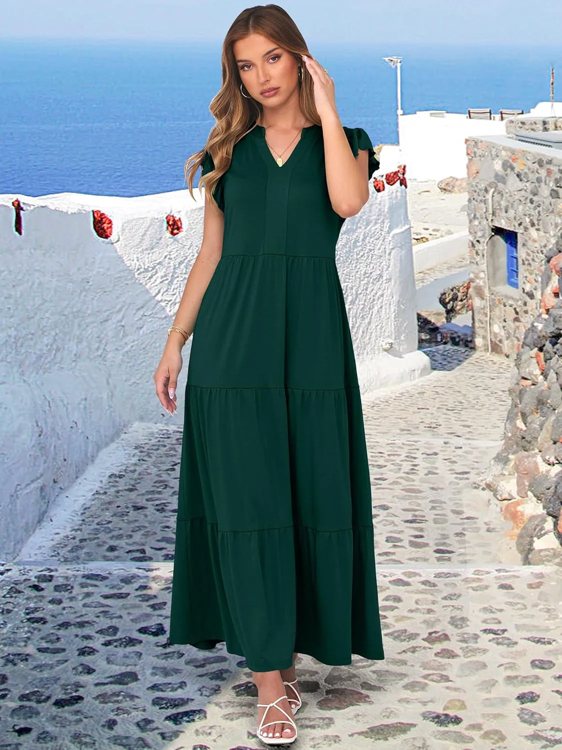 ANRABESS Womens Summer Casual Maxi Dress V Neck Ruffle Sleeve Long Dresses Fashion Flowy Tiered Boho Beach Vacation Sundress