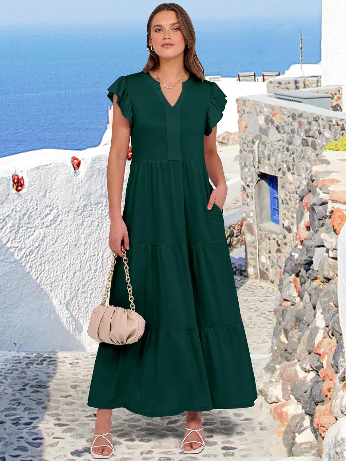 ANRABESS Womens Summer Casual Maxi Dress V Neck Ruffle Sleeve Long Dresses Fashion Flowy Tiered Boho Beach Vacation Sundress