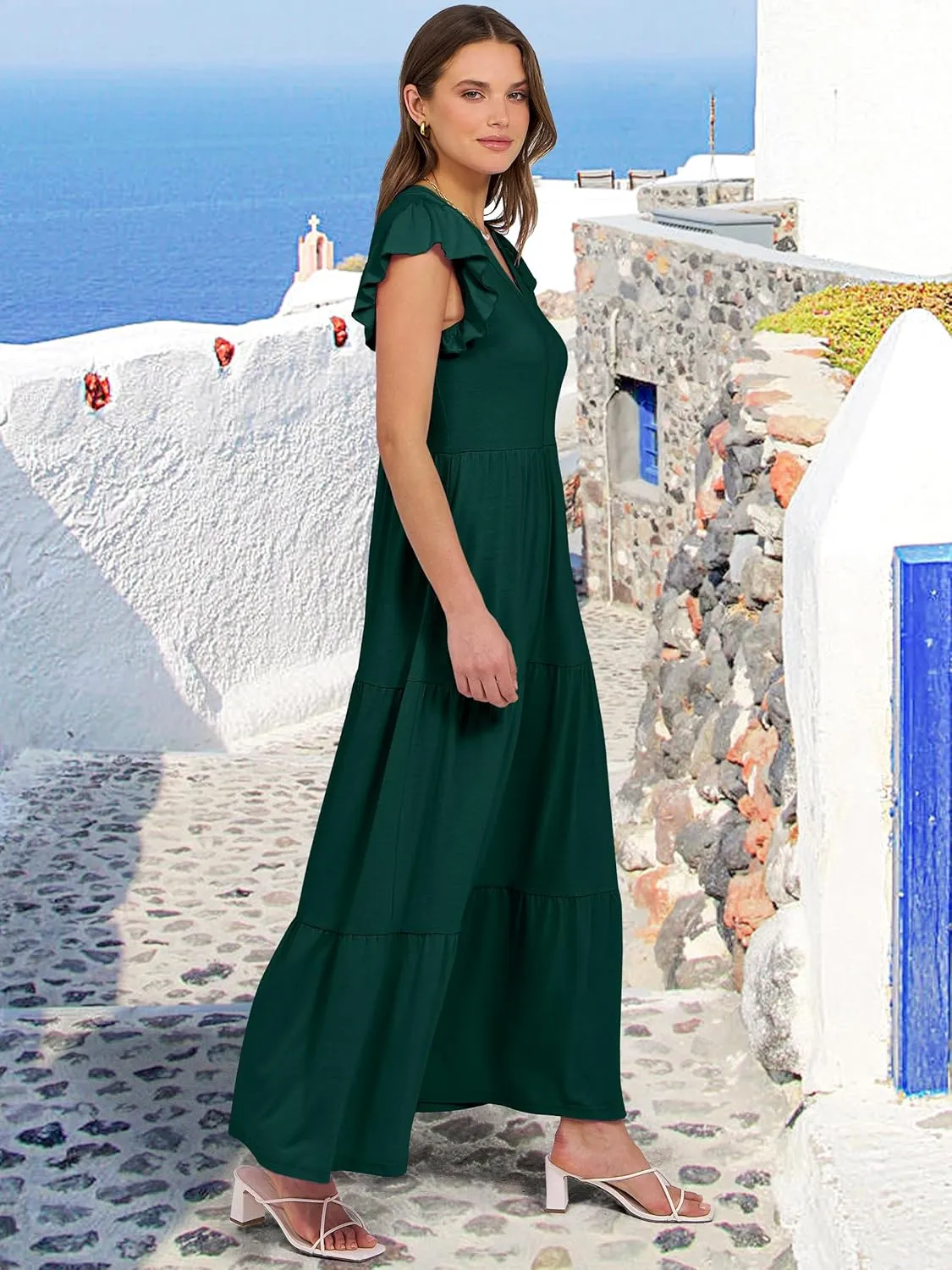 ANRABESS Womens Summer Casual Maxi Dress V Neck Ruffle Sleeve Long Dresses Fashion Flowy Tiered Boho Beach Vacation Sundress