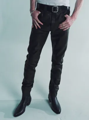 Black Baby Calf Leather 5 Pocket Tapered Pants