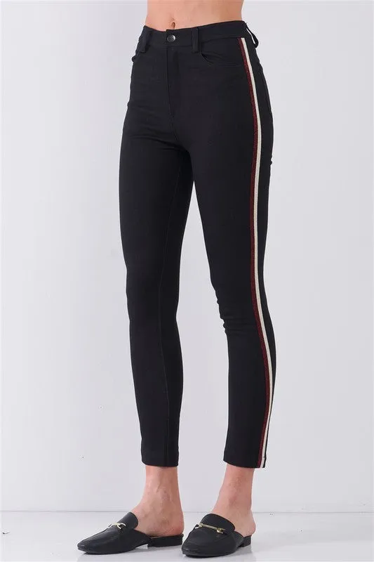 Black Mid Rise Multi Stripe Side Trim Pants