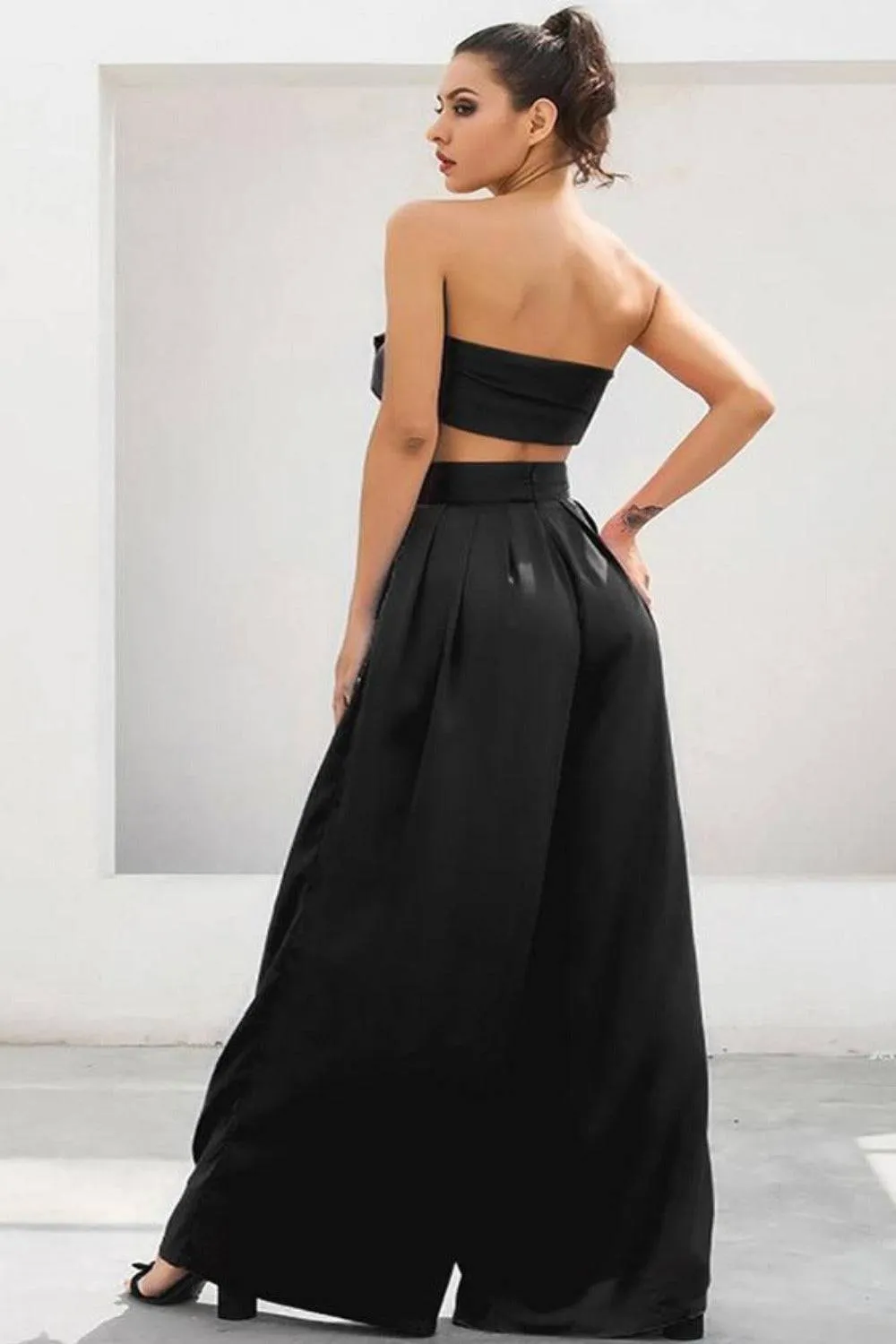 Black Strapless Tie Front High Waist Wide Leg Jumpsuit Pants Set