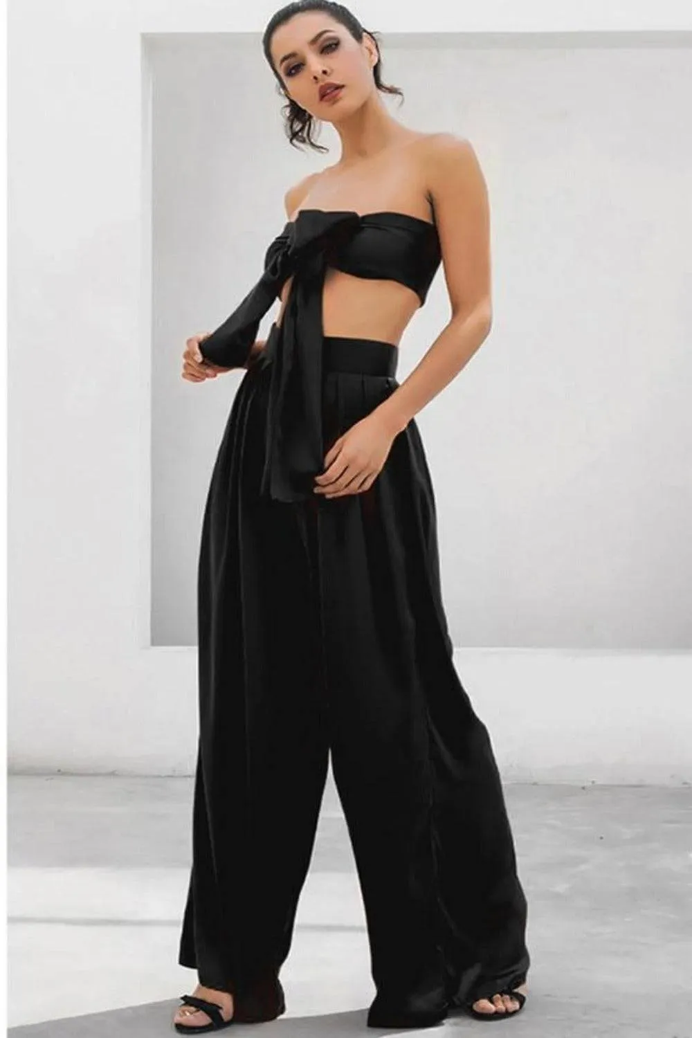 Black Strapless Tie Front High Waist Wide Leg Jumpsuit Pants Set
