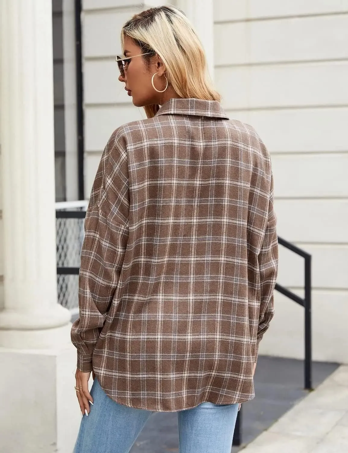 Blooming Jelly Women's Button Down Flannel Shirts Plaid Shacket Long Sleeve Collared Business Casual Tops Work Blouses