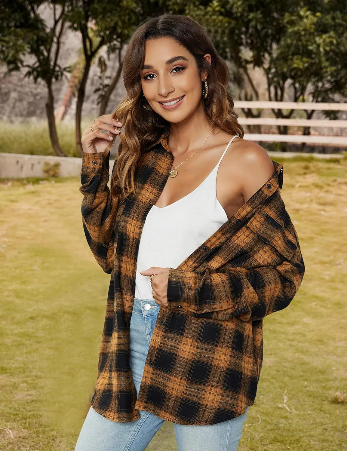 Blooming Jelly Women's Button Down Flannel Shirts Plaid Shacket Long Sleeve Collared Business Casual Tops Work Blouses