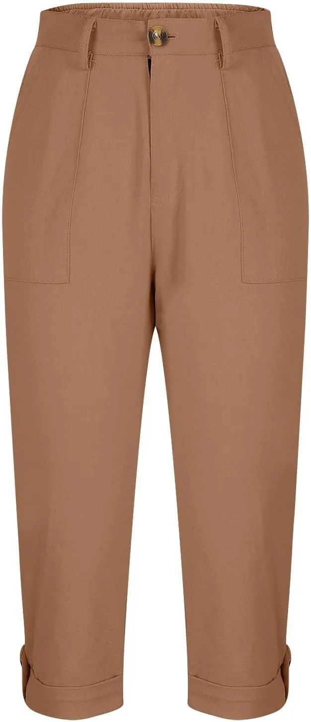 fanmpghleoo Dressy Capri Pants for Women Casual High Waisted Capris Cargo Pants with Pockets Slim-Fit Tapered Cotton Capris