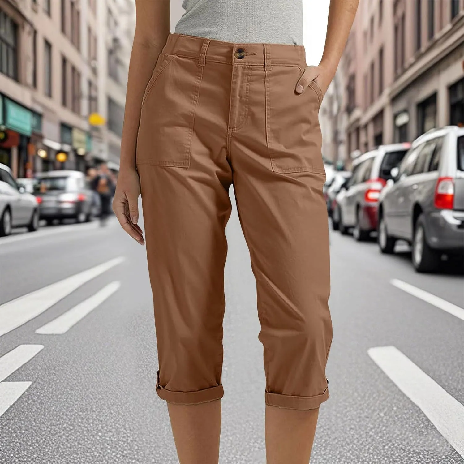 fanmpghleoo Dressy Capri Pants for Women Casual High Waisted Capris Cargo Pants with Pockets Slim-Fit Tapered Cotton Capris