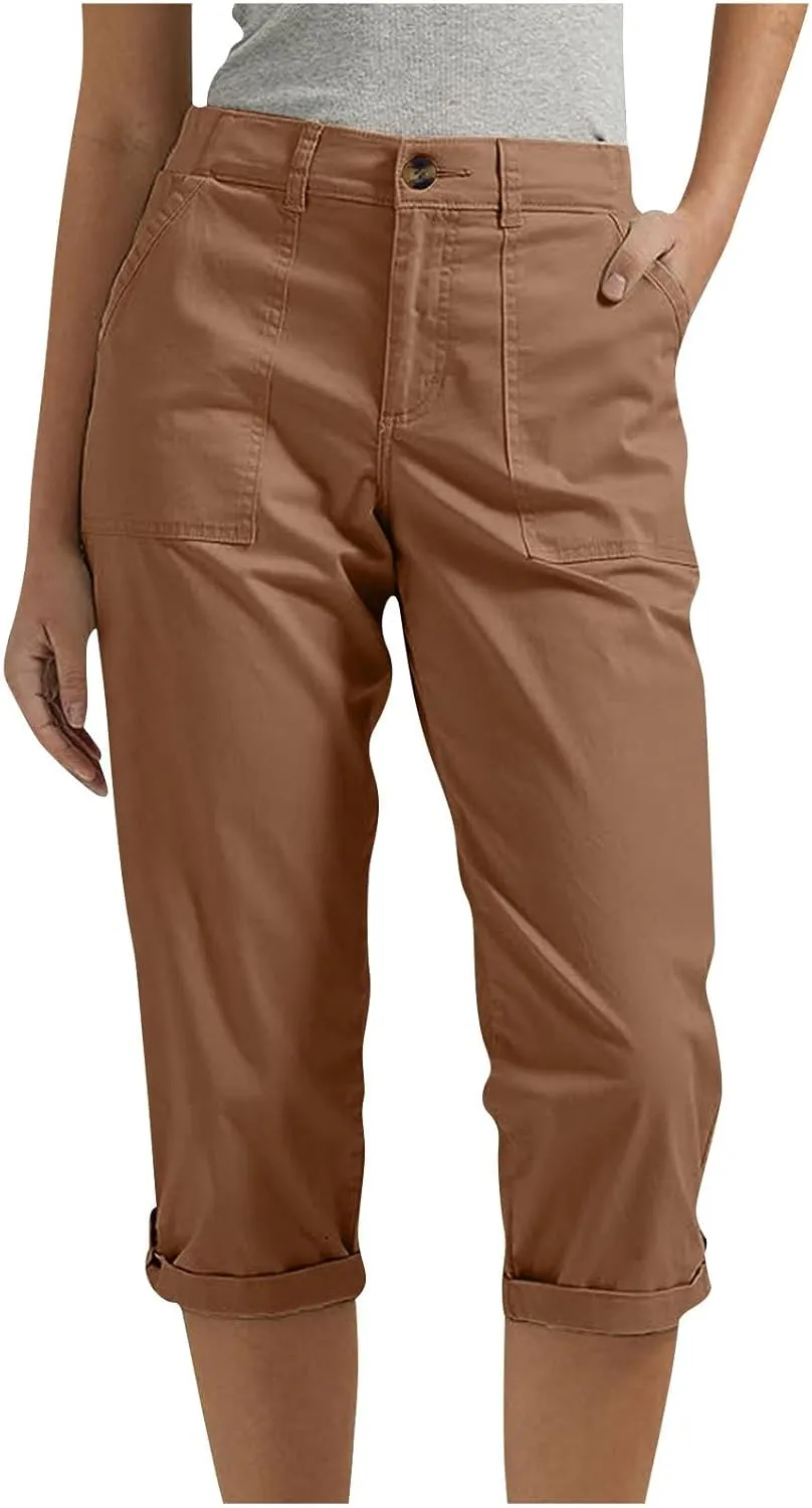 fanmpghleoo Dressy Capri Pants for Women Casual High Waisted Capris Cargo Pants with Pockets Slim-Fit Tapered Cotton Capris