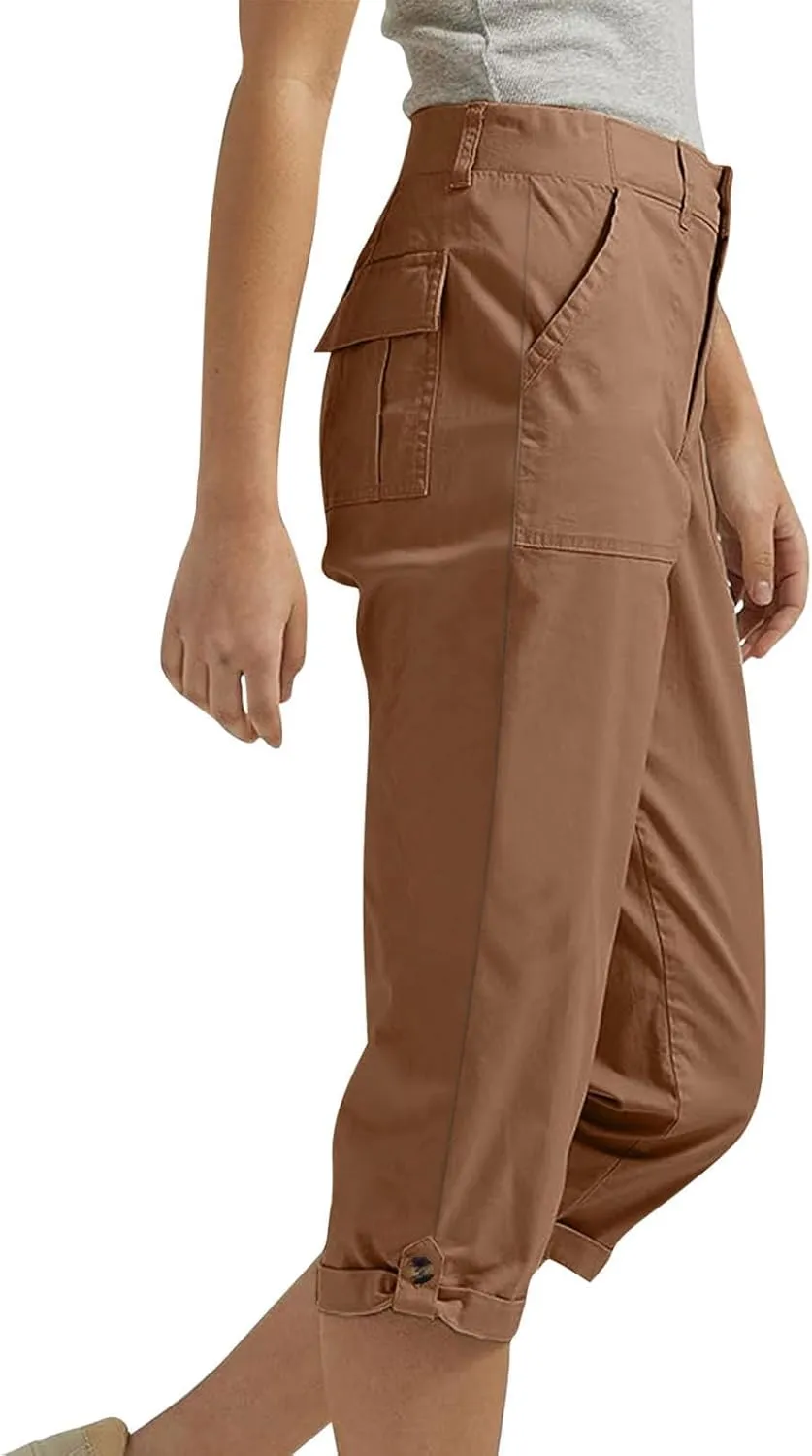 fanmpghleoo Dressy Capri Pants for Women Casual High Waisted Capris Cargo Pants with Pockets Slim-Fit Tapered Cotton Capris