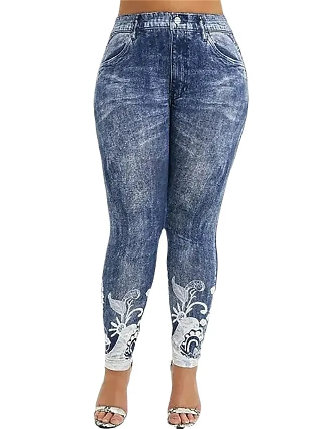 Fashion Casual Faux Denim Mid Waist Print Flower Women Stretchy Pants