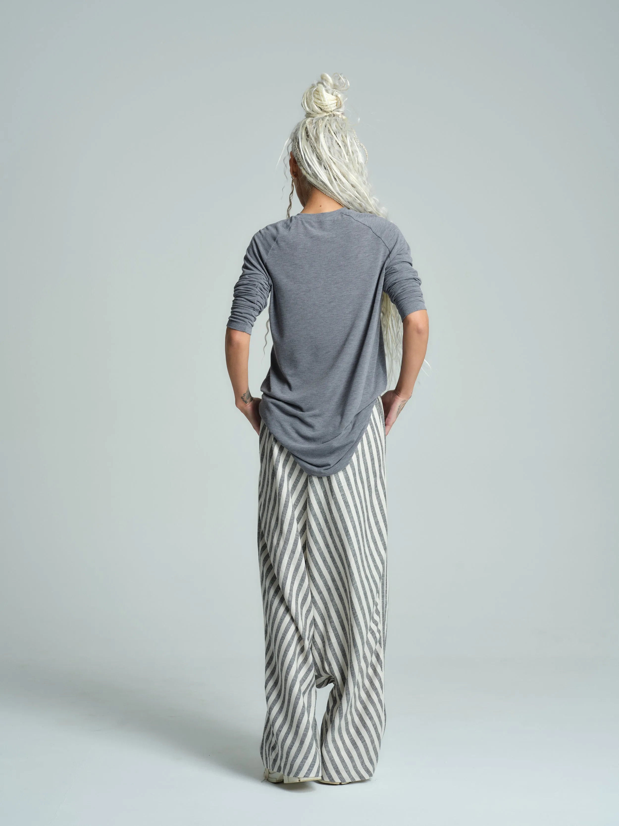 Grey Striped Linen-Blend Harem Pants