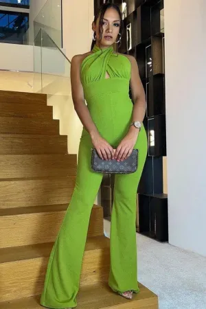 JA880 Cross Wrap Tie Halter Jumpsuit