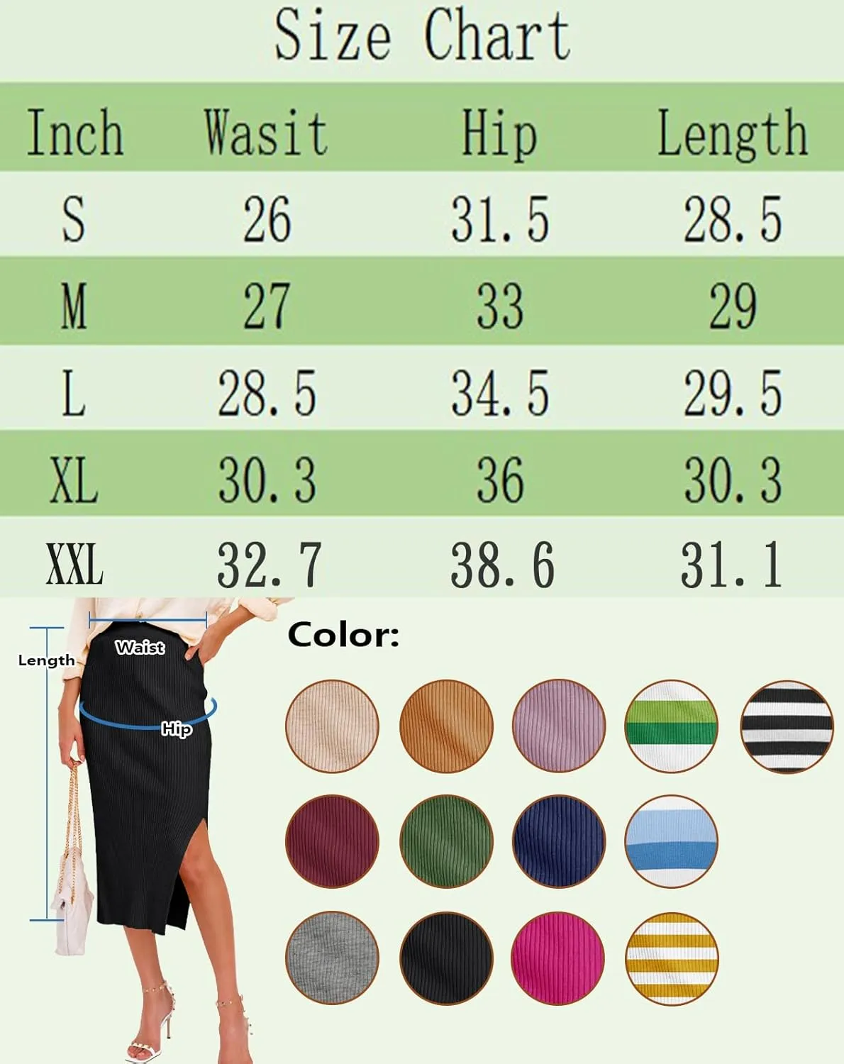 Midi Pencil Basic Skirt Casual Solid Split Side Stretchy Ribbed Knit Bodycon Mid Length Skirts for Women