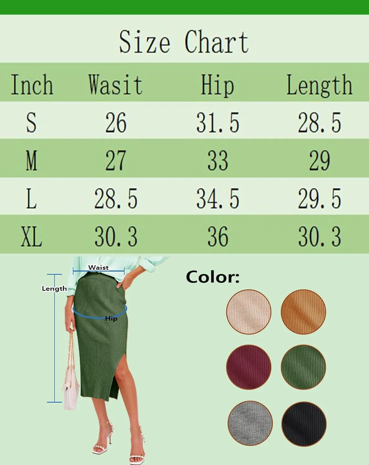 Midi Pencil Basic Skirt Casual Solid Split Side Stretchy Ribbed Knit Bodycon Mid Length Skirts for Women
