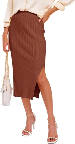 Midi Pencil Basic Skirt Casual Solid Split Side Stretchy Ribbed Knit Bodycon Mid Length Skirts for Women