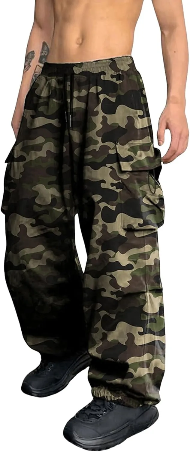 OYOANGLE Men's Camo Print Baggy Cargo Pants Elastic Drawstring Waist Wide Leg Trousers Streetwear