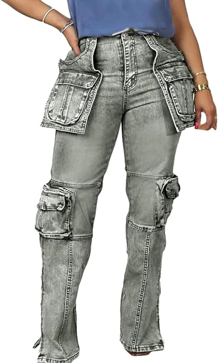Women's Novelty Fashion Zip Side Slit High Waist Denim Jeans Pants with Multi Pockets