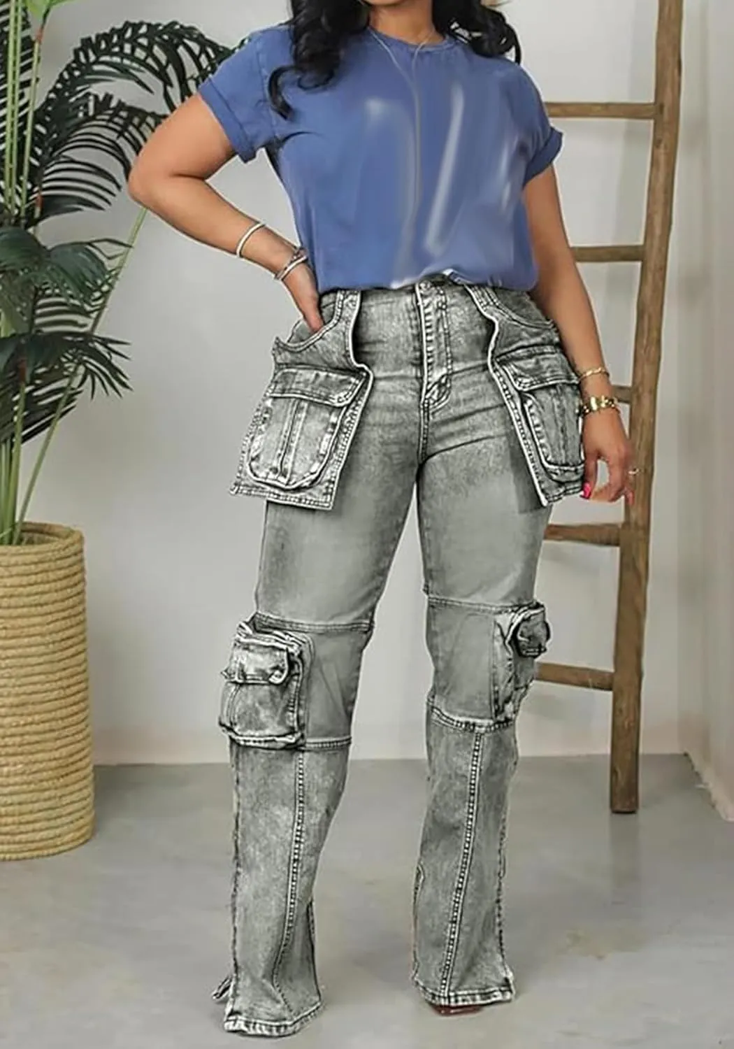 Women's Novelty Fashion Zip Side Slit High Waist Denim Jeans Pants with Multi Pockets