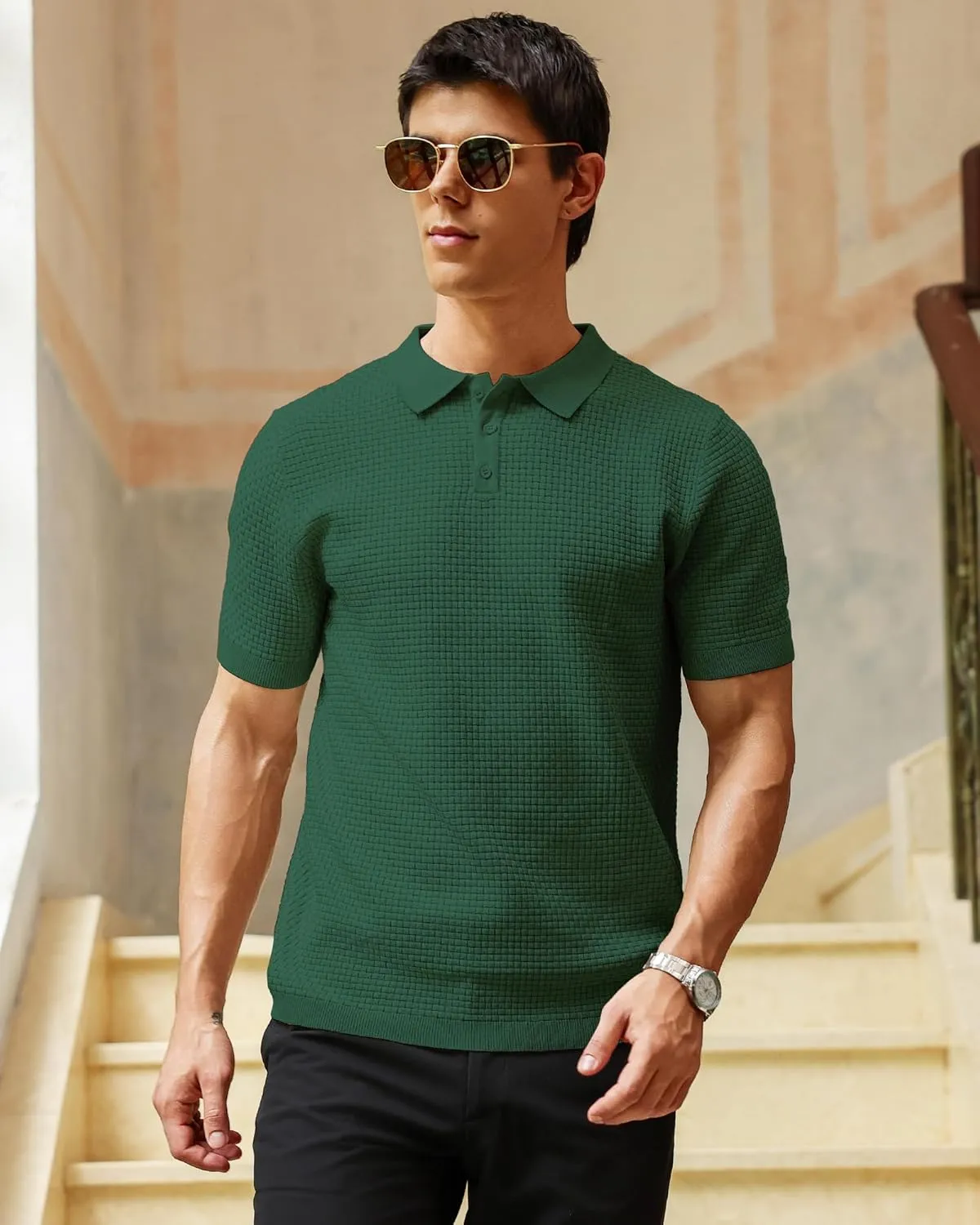 Zaitun Men's Knit Polo Shirts Business Casual Slim Fit Dress Shirts Short Sleeve Sweater