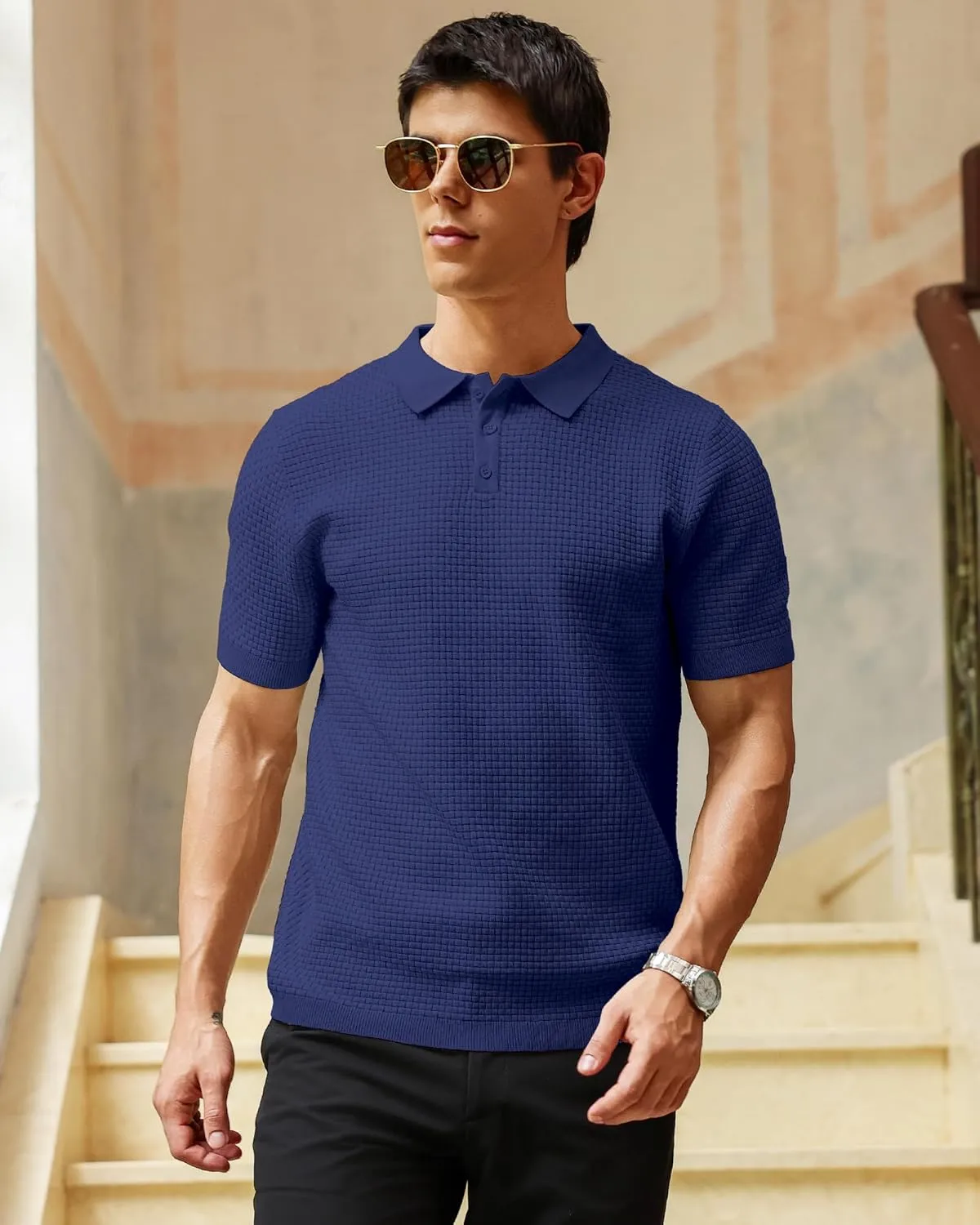 Zaitun Men's Knit Polo Shirts Business Casual Slim Fit Dress Shirts Short Sleeve Sweater