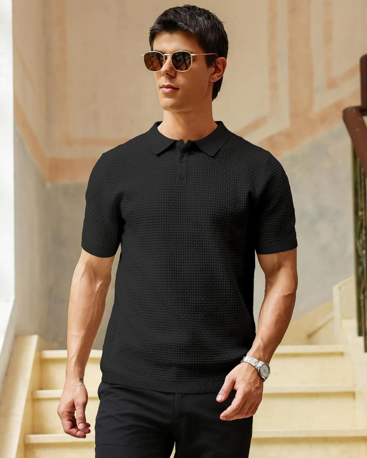 Zaitun Men's Knit Polo Shirts Business Casual Slim Fit Dress Shirts Short Sleeve Sweater
