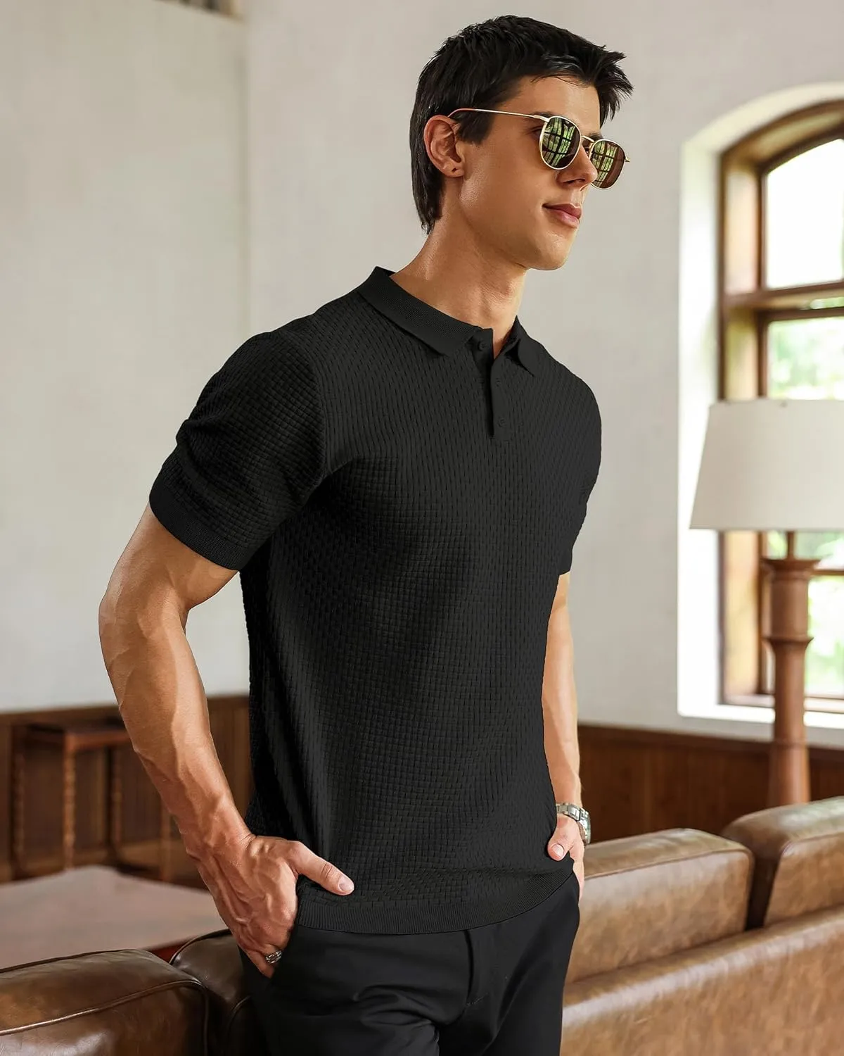 Zaitun Men's Knit Polo Shirts Business Casual Slim Fit Dress Shirts Short Sleeve Sweater