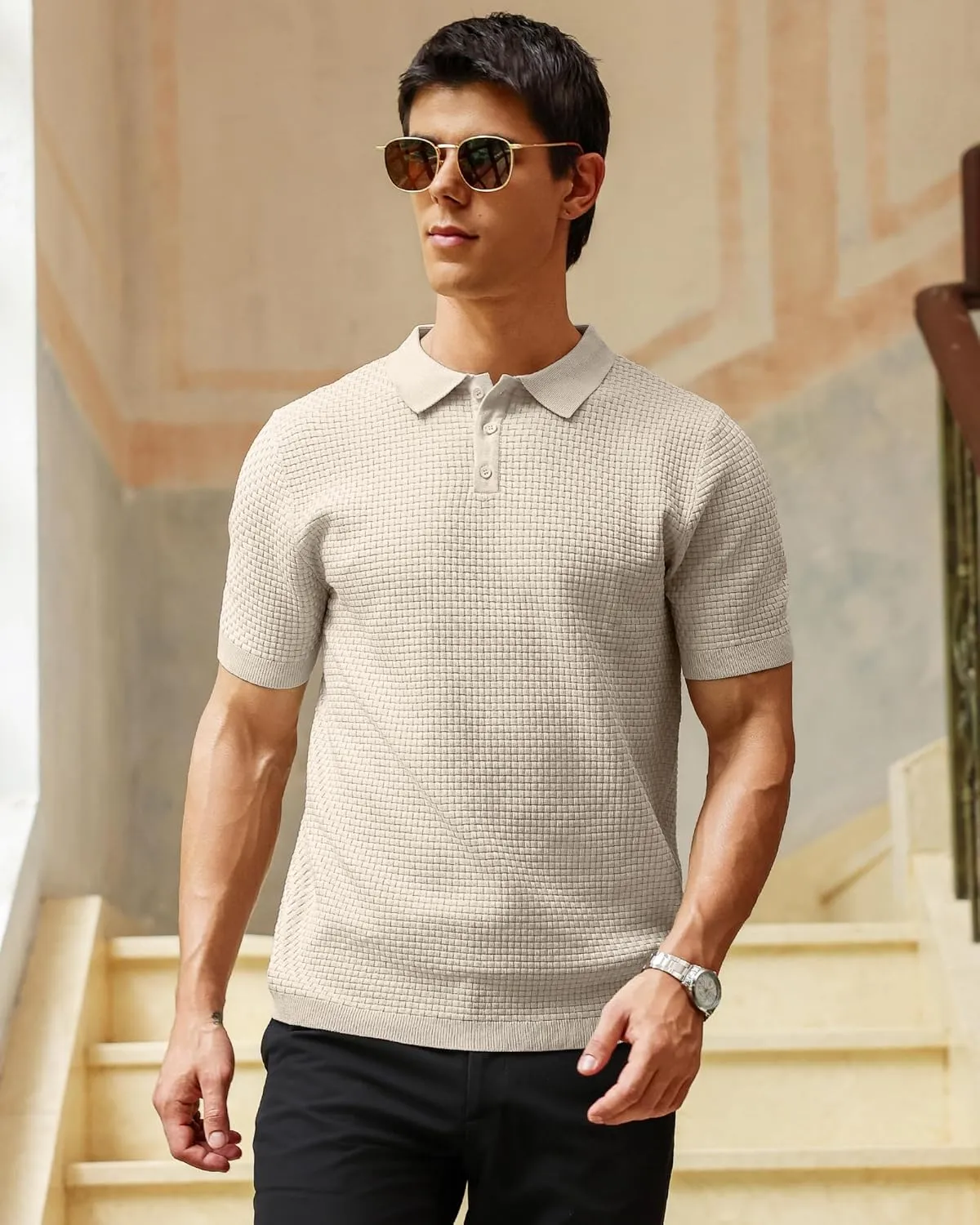 Zaitun Men's Knit Polo Shirts Business Casual Slim Fit Dress Shirts Short Sleeve Sweater