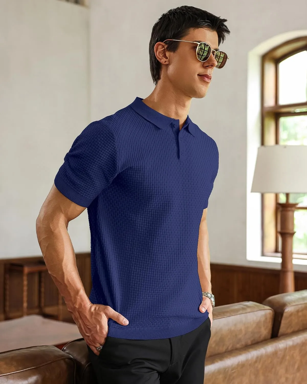 Zaitun Men's Knit Polo Shirts Business Casual Slim Fit Dress Shirts Short Sleeve Sweater