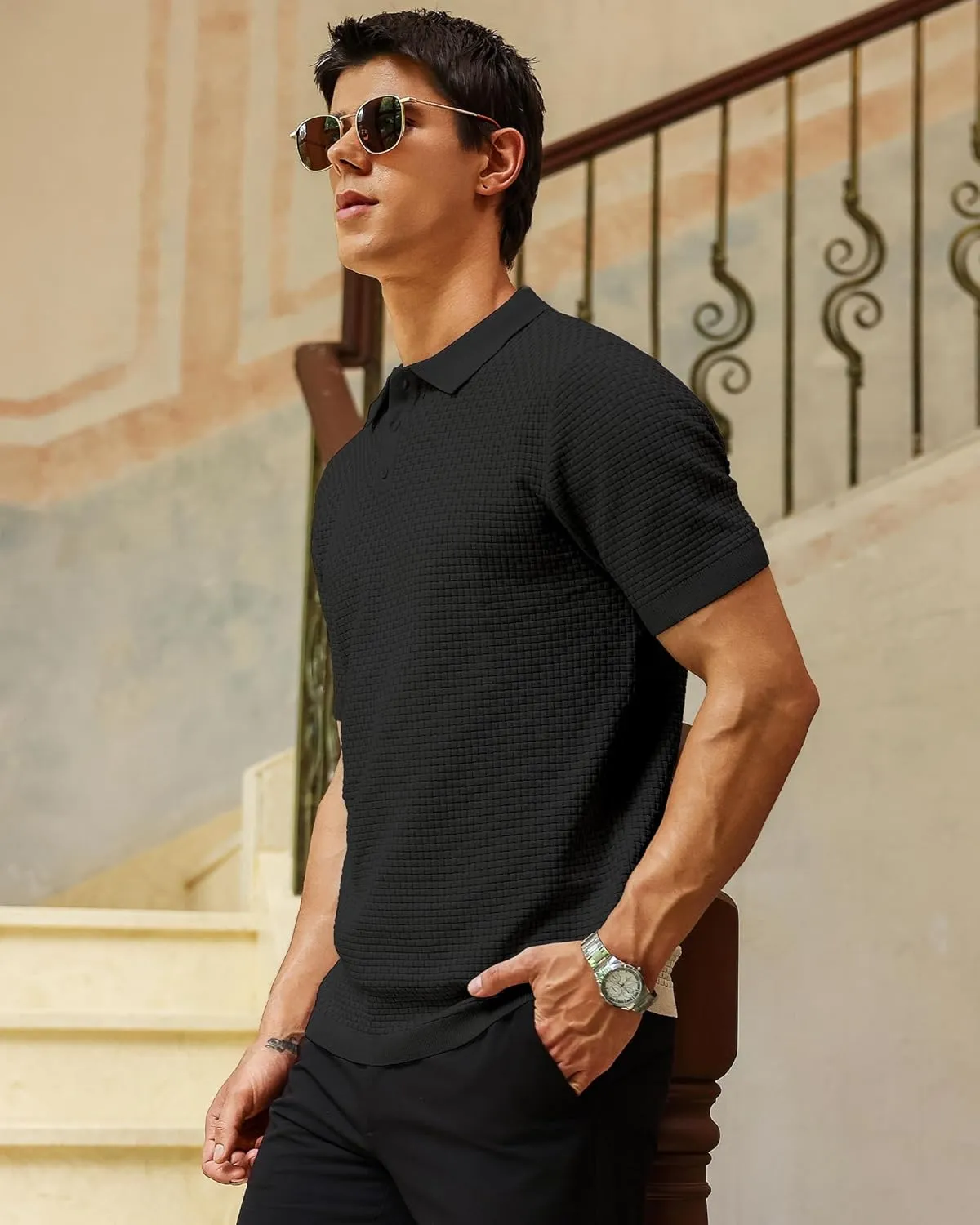 Zaitun Men's Knit Polo Shirts Business Casual Slim Fit Dress Shirts Short Sleeve Sweater