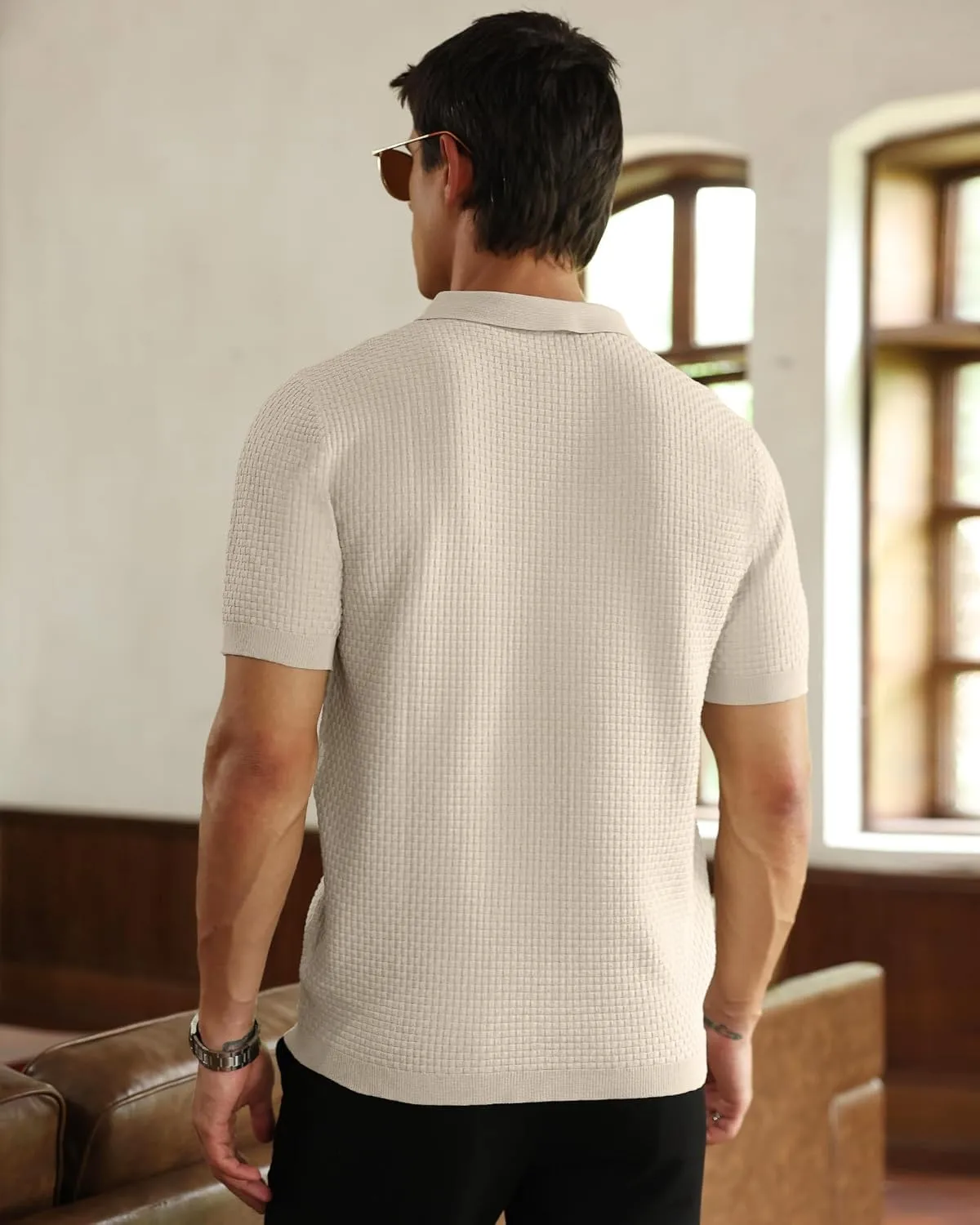Zaitun Men's Knit Polo Shirts Business Casual Slim Fit Dress Shirts Short Sleeve Sweater