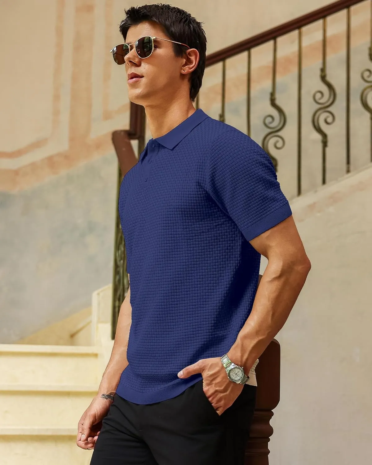 Zaitun Men's Knit Polo Shirts Business Casual Slim Fit Dress Shirts Short Sleeve Sweater