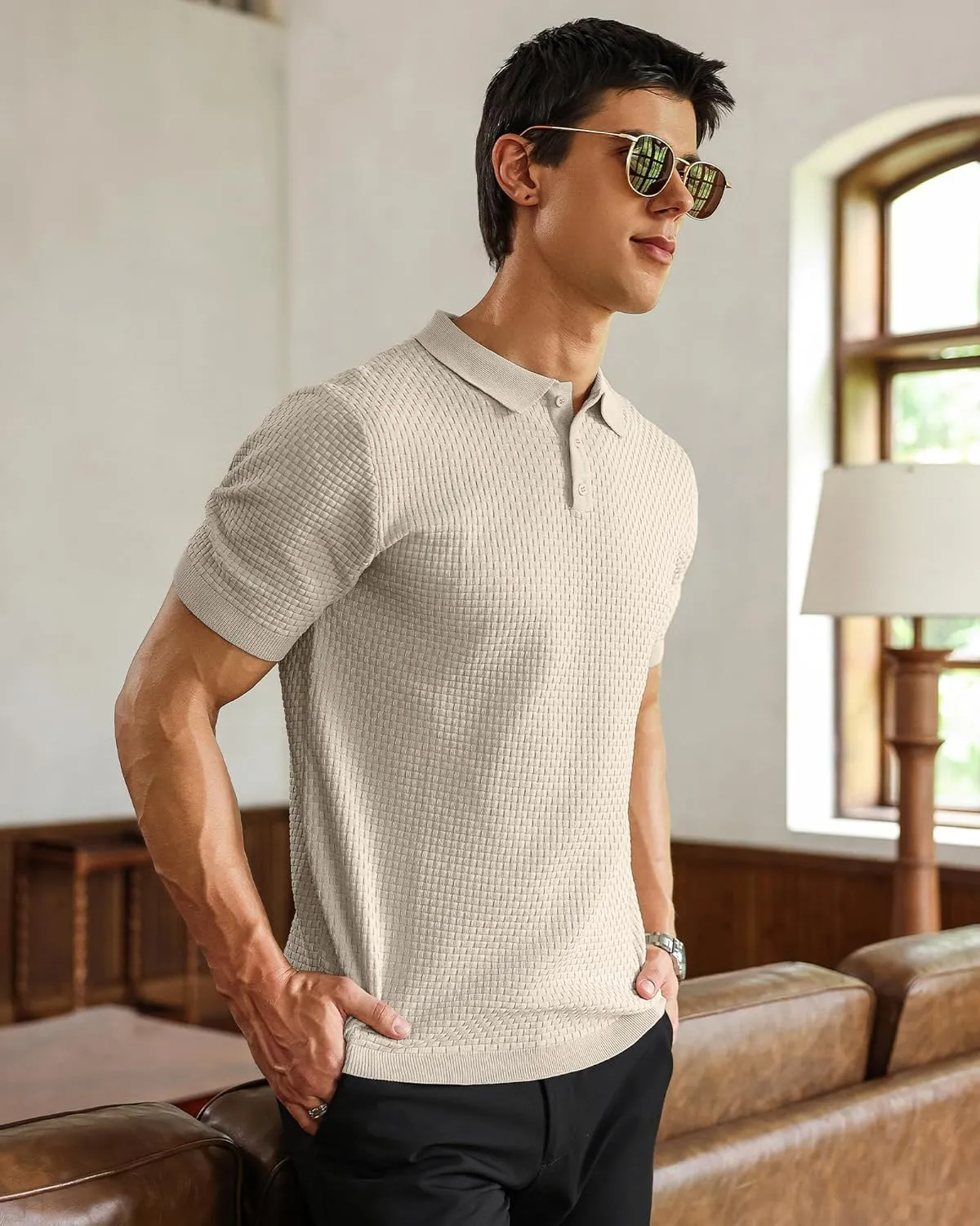 Zaitun Men's Knit Polo Shirts Business Casual Slim Fit Dress Shirts Short Sleeve Sweater