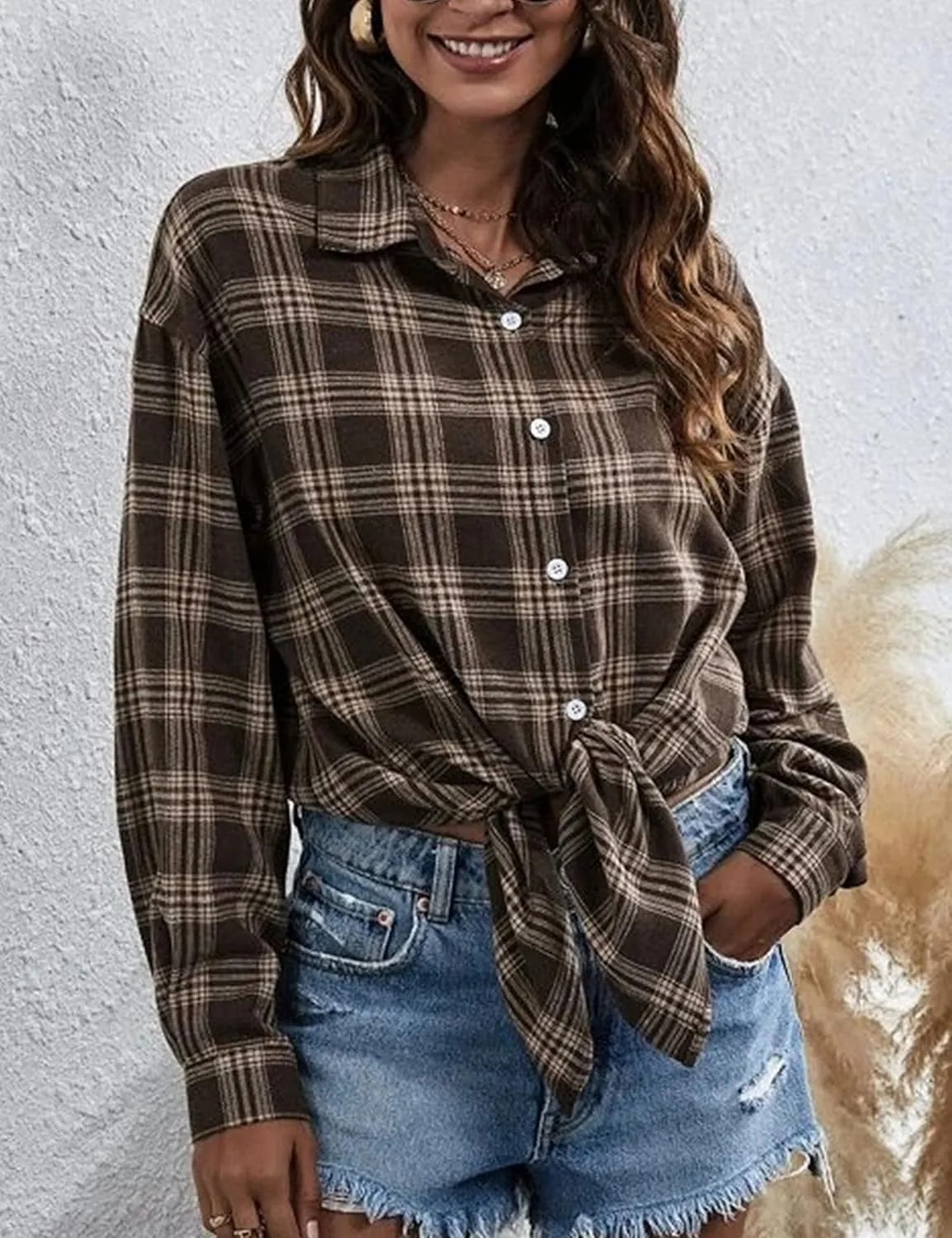 Zontroldy Plaid Flannel Shirts for Women Oversized Long Sleeve Button Down Buffalo Plaid Shirt Blouse Tops