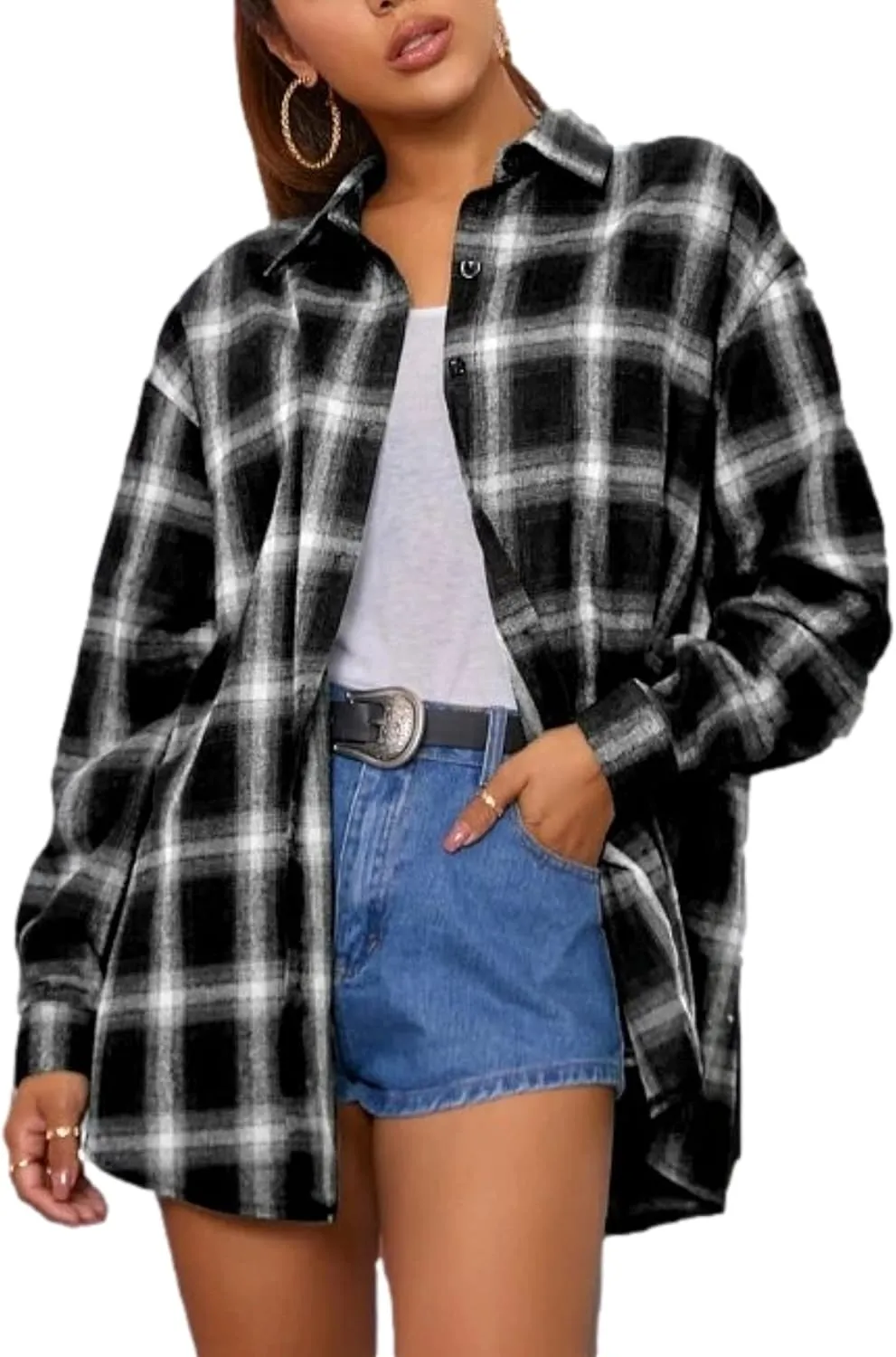 Zontroldy Plaid Flannel Shirts for Women Oversized Long Sleeve Button Down Buffalo Plaid Shirt Blouse Tops