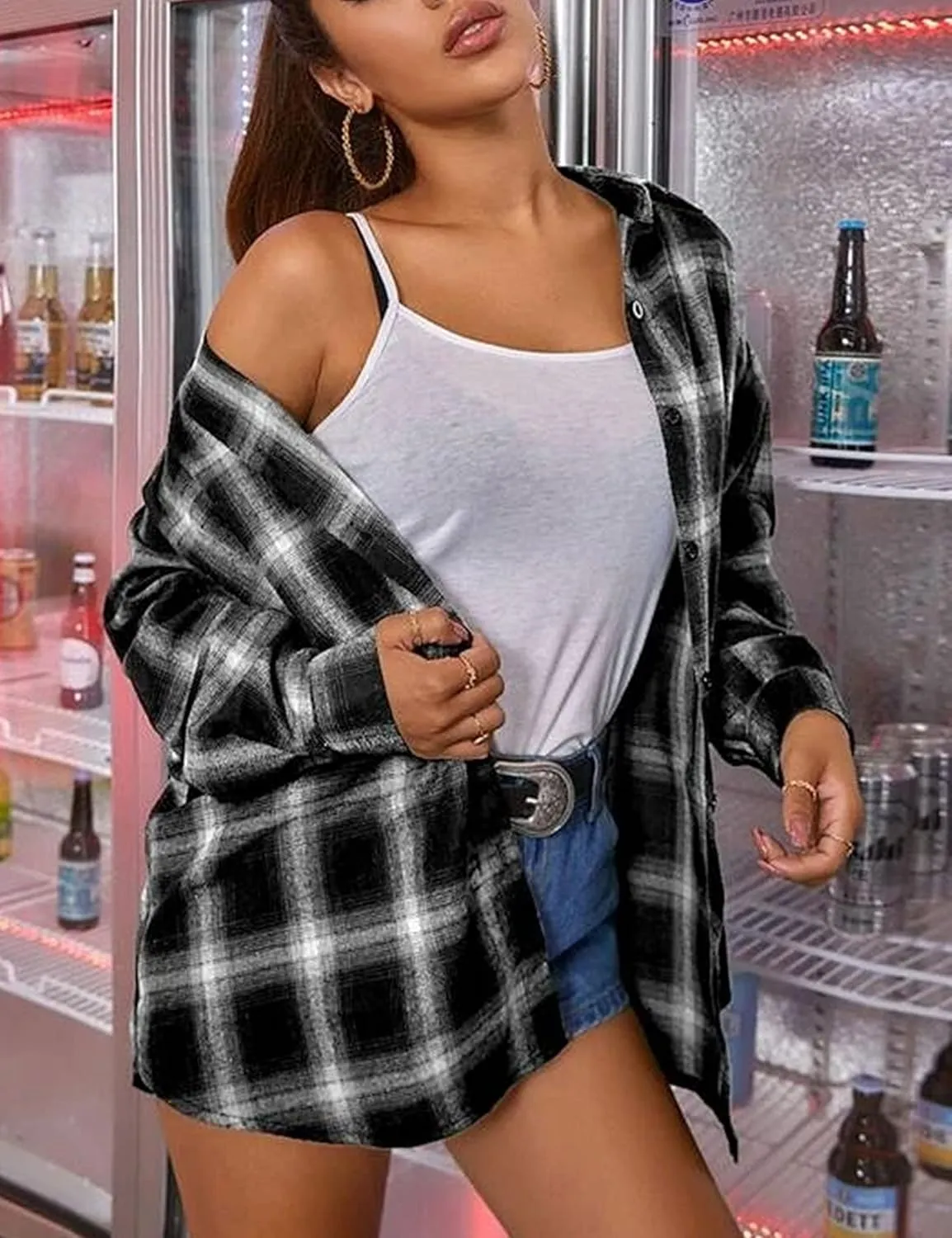 Zontroldy Plaid Flannel Shirts for Women Oversized Long Sleeve Button Down Buffalo Plaid Shirt Blouse Tops