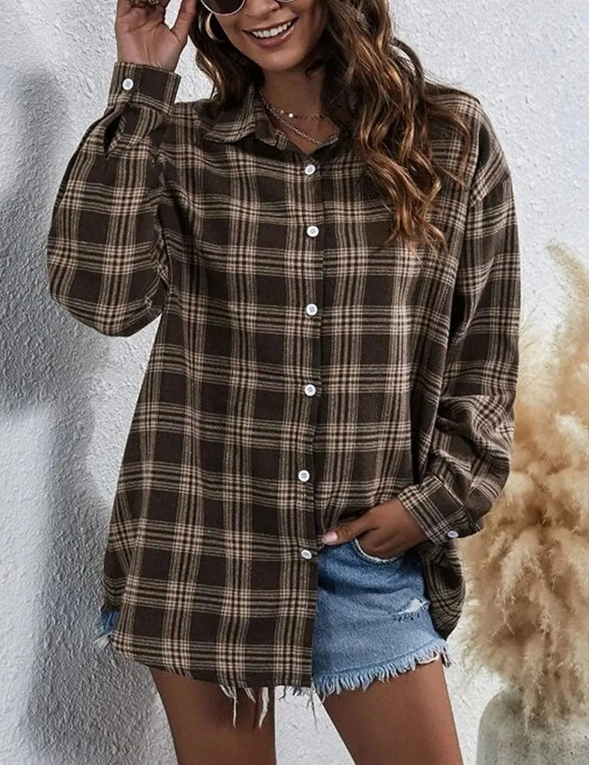 Zontroldy Plaid Flannel Shirts for Women Oversized Long Sleeve Button Down Buffalo Plaid Shirt Blouse Tops