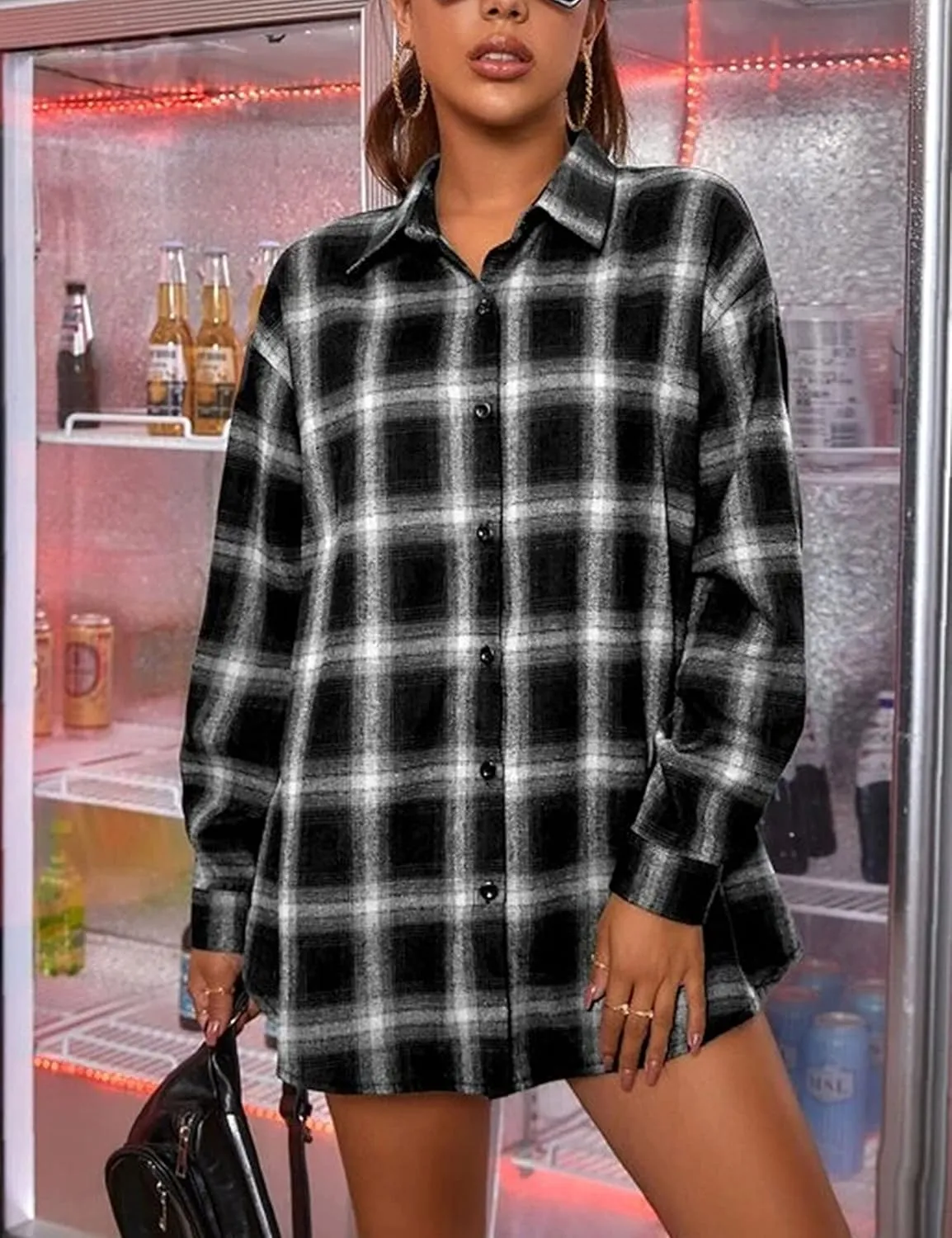 Zontroldy Plaid Flannel Shirts for Women Oversized Long Sleeve Button Down Buffalo Plaid Shirt Blouse Tops